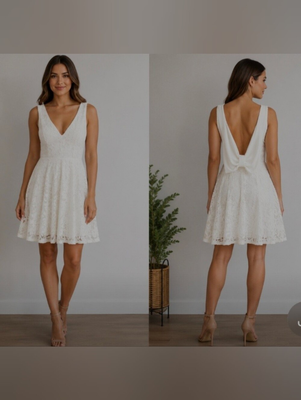 Papaya White Lace V-Neck Sleeveless Dress With Bow On The Back